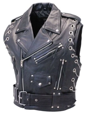 Men's Genuine Cow Leather Heavy Buckled Rocker Biker Motorcycle Vest Waistcoat - Image 1 of 3