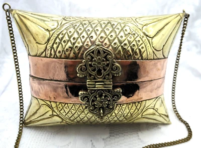 Brass Copper Pillow Crossbody Bag Embossed Velvet Lined India 1960s Deco-Style - Image 1 of 4
