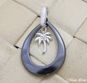 925 Silver Rhodium Hawaiian Coconut Palm Tree Black Ceramic Tear Drop Pendant - Picture 1 of 2