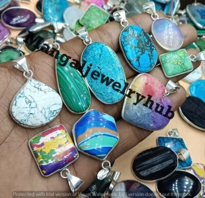 Lote a granel de 100 piezas colgantes enchapados en plata 925 con opalita lechosa y mezcla de piedras preciosas Foto 1 de 4