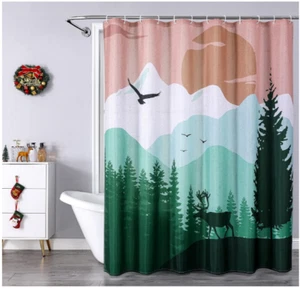 Christmas Shower Curtain Set, Elk Tree Forest Snow Mountain Winter 72" x 72" - Picture 1 of 5