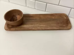 HAND CARVED WOODEN SNACK TRAY WITH BOWL ATTACHED TO TRAY MADE IN INDIA - Picture 1 of 5
