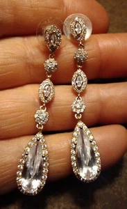 Bridal Wedding Teardrop Dangle gold tone Pierce Earring clear gem Dainty Lightwt - Picture 1 of 9