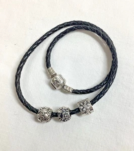Genuine Pandora Double Leather Bracelet with 3 Charms - Picture 1 of 6