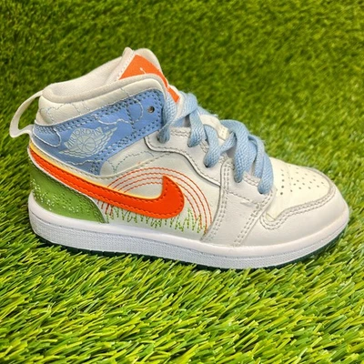 Nike Air Jordan 1 Mid SE Boys Size 11C White Blue Green Athletic Shoes Sneakers - Image 1 of 4