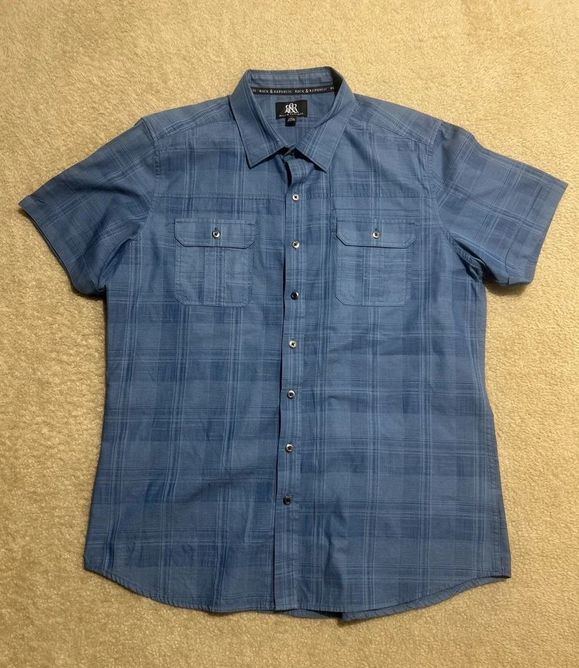 Rock & Republic Mens Geometric Plaid Blue Short Sleeve Button Down Shirt Size XL - Image 1 of 4