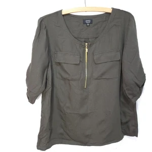 Jones New York Top Sz M Pullover TunicSleeve Roll Tab Navy Green Lyocell Blend - Picture 1 of 17