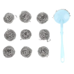 Spazzola rigida pulitore pentole in acciaio inox per pulizia padella scrubber con manico - Foto 1 di 12