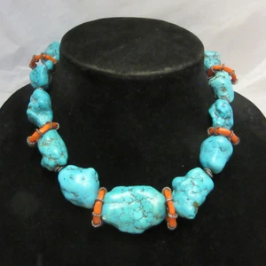 VTG Navajo Native American Natural Nugget Faux Turquoise & Red Necklace 16" Long - Picture 1 of 6