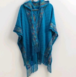 Strick Fransen türkis blau bunt Besatz offen One Size Kapuzen Pullover Poncho EG - Bild 1 von 13