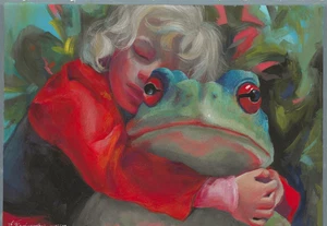 original drawing A3 208ZvK artwork mixed media modern baby girl&frog - Picture 1 of 2
