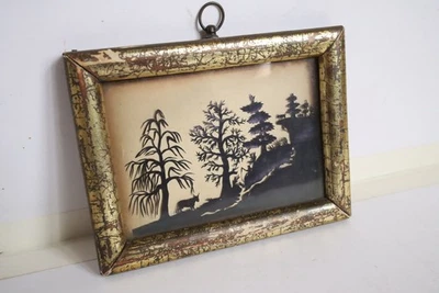 Vintage Antigo Miniatura SiILHOUETTTE Pesca Paisagem Montanha Cabras Emoldurado - Imagem 1 de 4