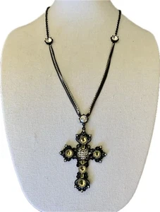 Betsy Johnson Retro schwarzes Kreuz mit Herz Anhänger Halskette Strass 36 Zoll - Bild 1 von 10