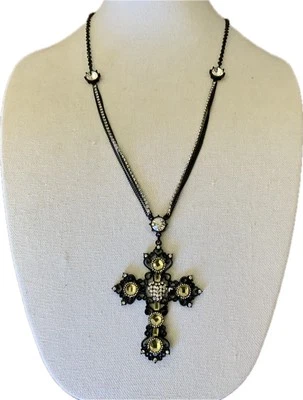 "Collar Betsy Johnson RETRO Cruz Negra con Corazón Colgante Estrás 36""" Foto 1 de 4