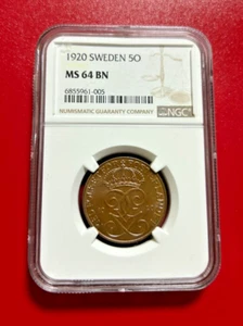 1920 SWEDEN 5 ORE NGC MS 64 BN - Picture 1 of 2