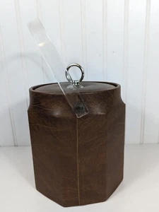 Secchiello ghiaccio vintage Georges Briard marrone ecopelle, manico lucite MCM barware - Foto 1 di 4