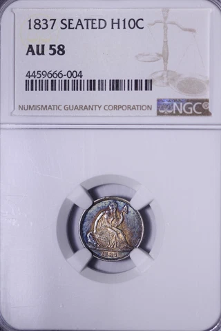 1837 Seated Liberty Half Dime NGC AU58 Tough! Extraordinary Rainbow Tone! AFMK Cover
