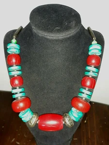Turquoise & Red Wood BOHO Necklace HANDMADE Chunky Bohemian 24" - Picture 1 of 4