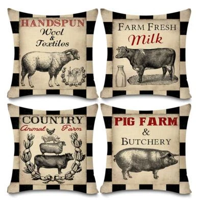 Vintage Farmhouse Animal Pillow Covers Black Buffalo Plaids Country Animal Fa... - Image 1 of 3