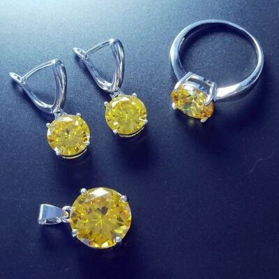 3pc Charm Round Gemstone Yellow Citrine Silver Women Girl Necklace Earring Rings - Image 1 of 4