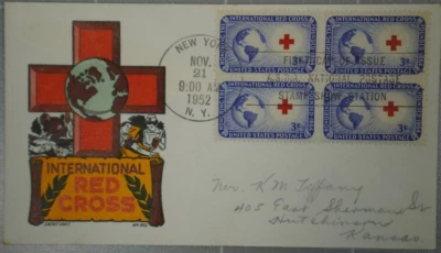 US 1952 FDC, International Red Cross 70th Anniversary, Cachet Craft, Block of 4 - Image 1 of 2