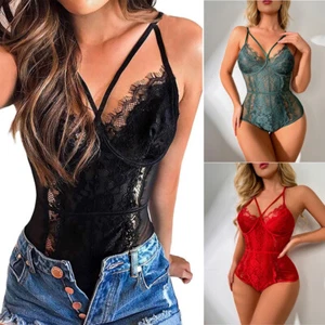 See Through Lingerie,V-Neck Lace Bodysuit,Sexy Lingerie Women,One Piece Bodysuit - Picture 1 of 16