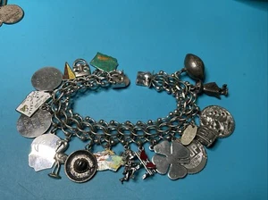 Vintage Sterling Silver Charm Bracelet 19 Charms Double Loop Camper Vegas 47g - Imagen 1 de 16
