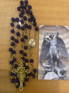 🙏 FASTENZEIT🙏Heiliger Michael Rosenkranz aus blauem Glas, goldfarbenes Kruzifix🙏HEILIGE KARTE🙏 - Bild 1 von 6