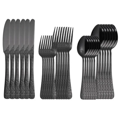 30Teiliges Besteck Set 6Personen Schwarz, Edelstahl Besteckset mit Florale Griff - Bild 1 von 4