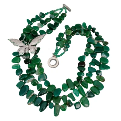 Collar Mariposa Pavé Circonitas Cúbicas Ágata Verde 20" 3 Hilos Foto 1 de 4
