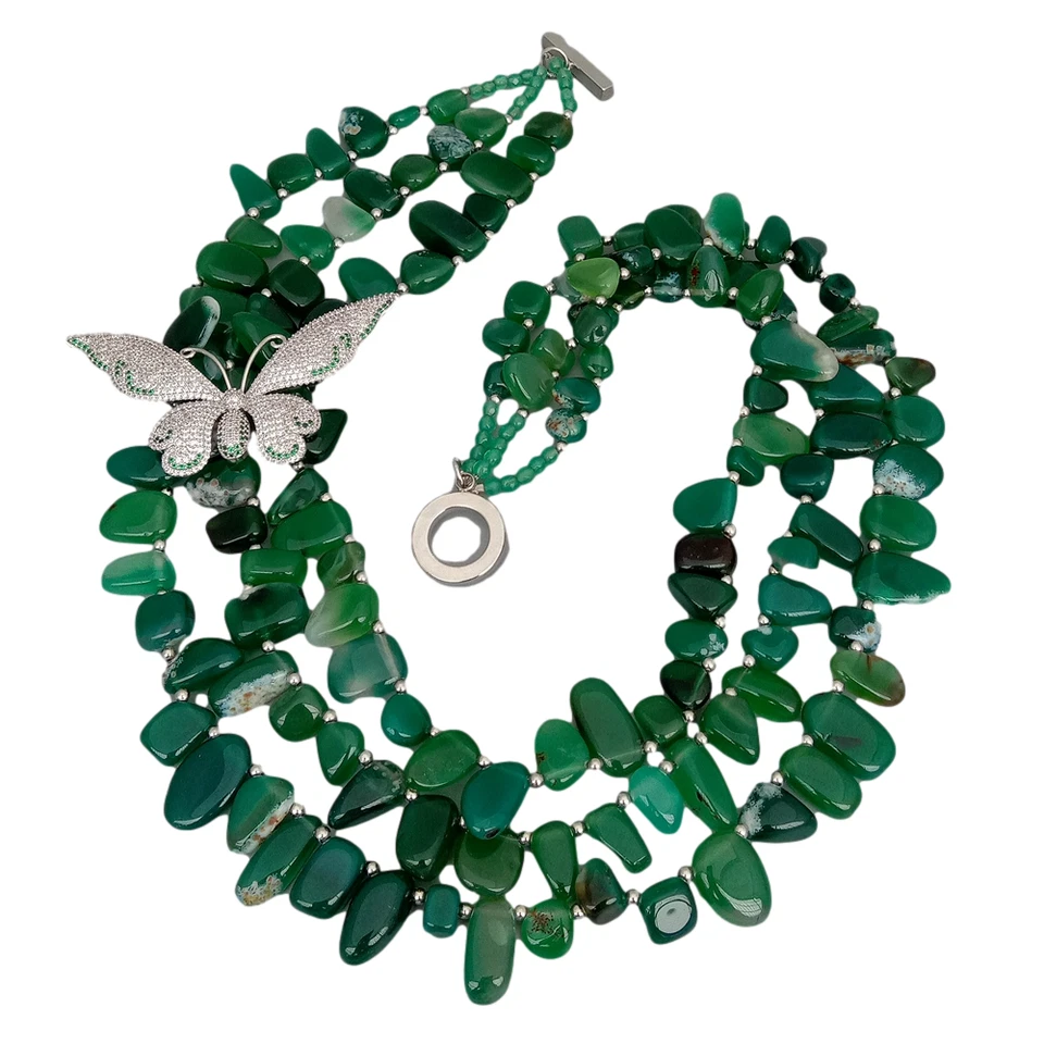 20" 3 Strands Green Agate Cubic Zirconia Pave Butterfly Necklace - Image 1 of 4