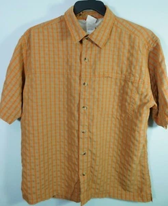 North Face Men's Medium S/S Button Front Shirt Orange Blue Checks Hiking Worn - Picture 1 of 11