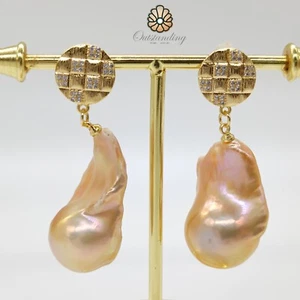 Genuine Huge Pinkish Natural Baroque Pearl Dangle Drop Earrings 9ct Gold Plated - Picture 1 of 16