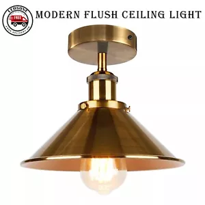 Ceiling Light Semi Flush Vintage Industrial Yellow Brass Metal Scone Lamp Shade - Picture 1 of 8