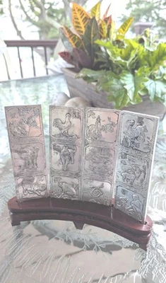 Tibetan Silver Panels (4) Depicting 12 Carved Zodiac Animals - Image 1 of 4