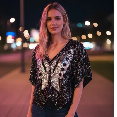 Blusa de Noche Glamorosa Vintage Shomax Grande Lentejuelas Mariposa Top Negro Seda Foto 1 de 4