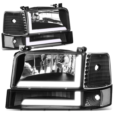 Fit 92-96 Ford F150 F250 F350 6Pcs Headlight+Bumper Lamp w/LED DRL Black/Clear - Image 1 of 4