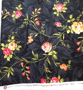 2 Yds+6"x44" Andover Fabrics #7815 Kathy Hall Black w/Multicolor Flowers Cotton - Picture 1 of 4