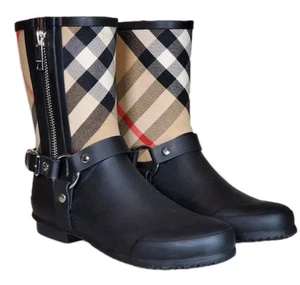 Burberry Zane Rubber Boots Vintage Check Upper Black Beige Zipper Women's US 7.5 - Picture 1 of 15