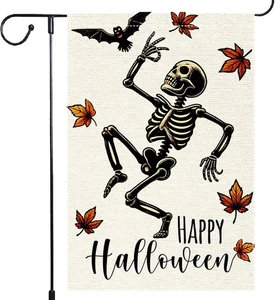 Bandiera da giardino scheletro Halloween decorazione cortile esterno decorazione cortile autunno 12X18 - Foto 1 di 12