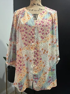 Rose & Olive Top 1X Shirt Floral Patchwork Button Up Smocked Calico Boho Prairie - Picture 1 of 10