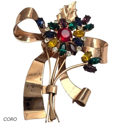 Peça de livro década de 1940 CORO OURO ROSA ESTERLINA STRASS flor PIN - Imagem 1 de 4