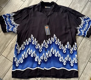 Wingo Men’s Y2K Short Sleeve Black White FLAMES Button Down Shirt- Size XL - Picture 1 of 9