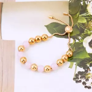 New Michael Kors Beaded Rose Quartz Slider Bracelet Rose Gold Tone - Picture 1 of 5