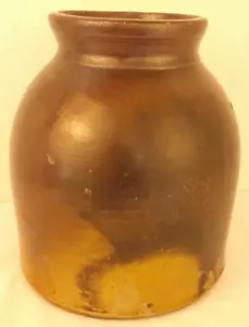 Antique Stoneware Glazed Crock Deep Brown Beige Pottery Salt Glaze 6.5" Vase 56L - Picture 1 of 6