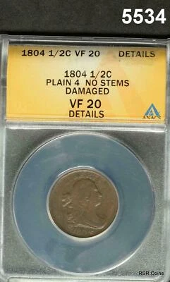 1804 HALF CENT PLAIN 4 NO STEMS ANACS CERTIFIED VF20 DETAILS DAMAGED #5534 - Image 1 of 3