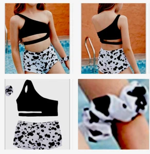 2-Piece One Shoulder Black Cutout  Top with Cow Print Boy Shorts Girl Swimsuit L - Picture 1 of 10