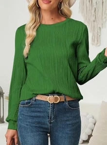 Womens Top Casual Long Sleeve Crewneck Basic Solid Loose Textured Blouse S-XXL - Picture 1 of 20