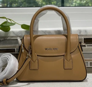 MICHAEL KORS KATYA SMALL FLAP SATCHEL CROSSBODY BAG MK DEER LEATHER BROWN GOLD - Picture 1 of 12