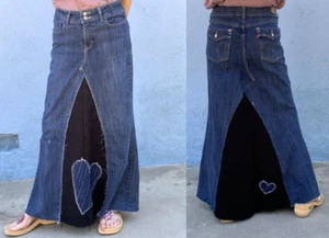 Y2K Levi’s Denim Patchwork Reworked Maxi Jeans Skirt Raw Hem Boho Heart sz3/4 - Picture 1 of 8